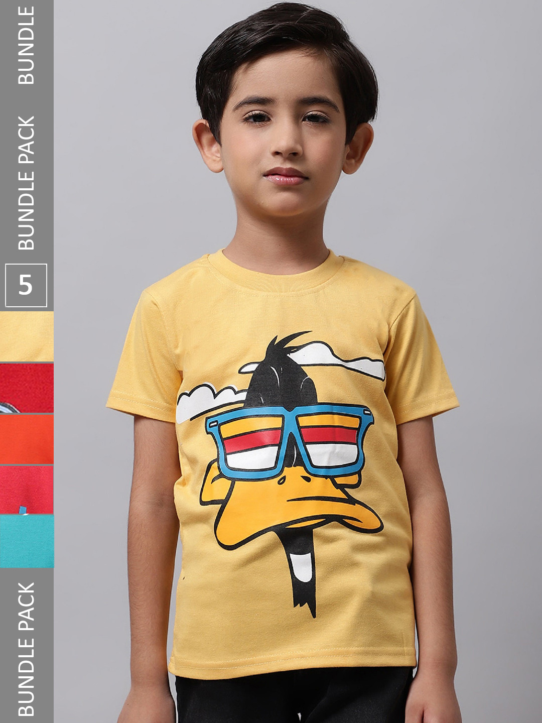 

BAESD Boys Pack Of 5 Graphic Printed Regular Fit Cotton Tshirt, Yellow