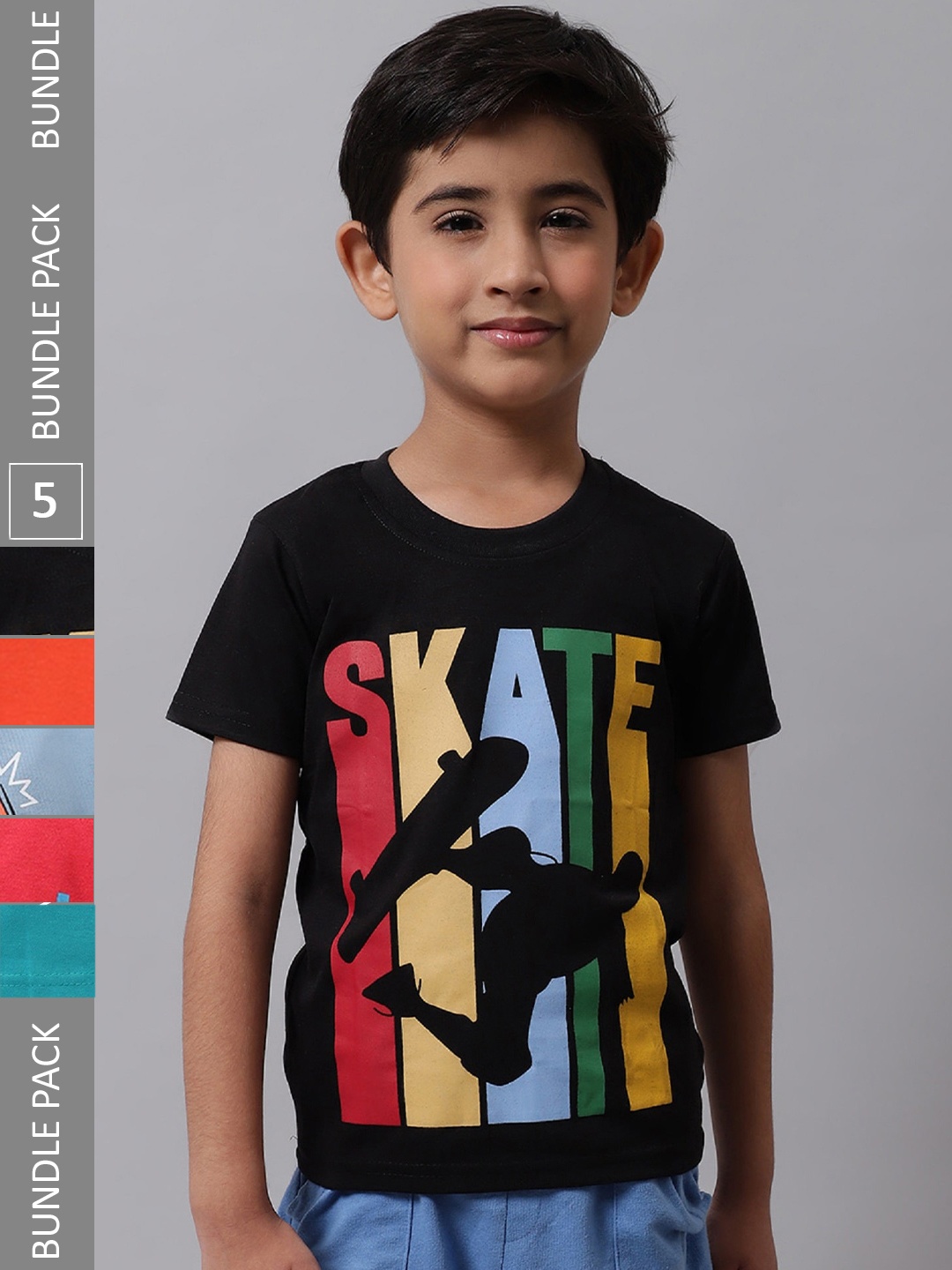 

BAESD Boys Pack Of 5 Typography Printed Cotton T-shirt, Black