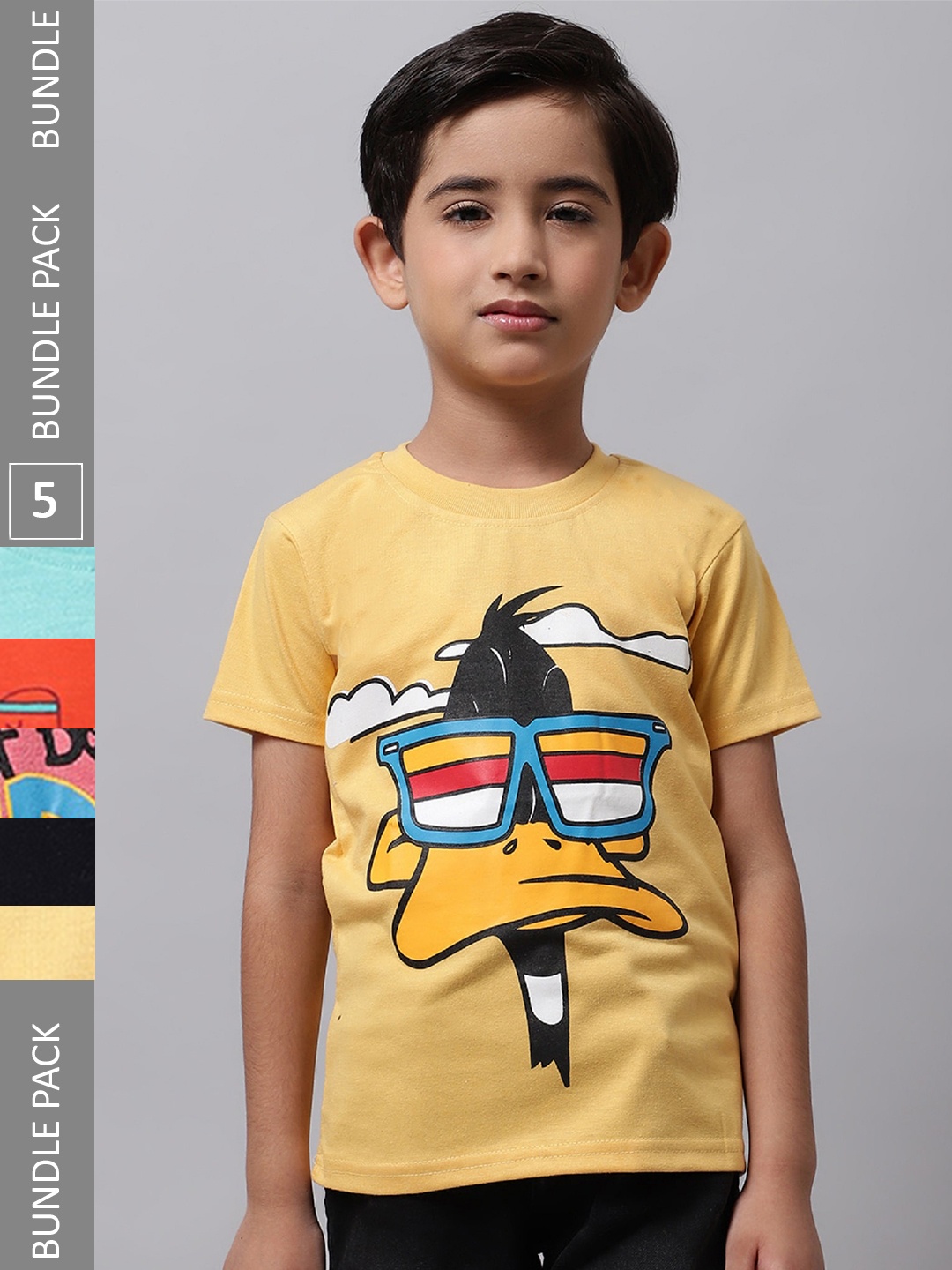 

BAESD Boys Pack Of 5 Graphic Printed Pure Cotton T-shirt, Yellow