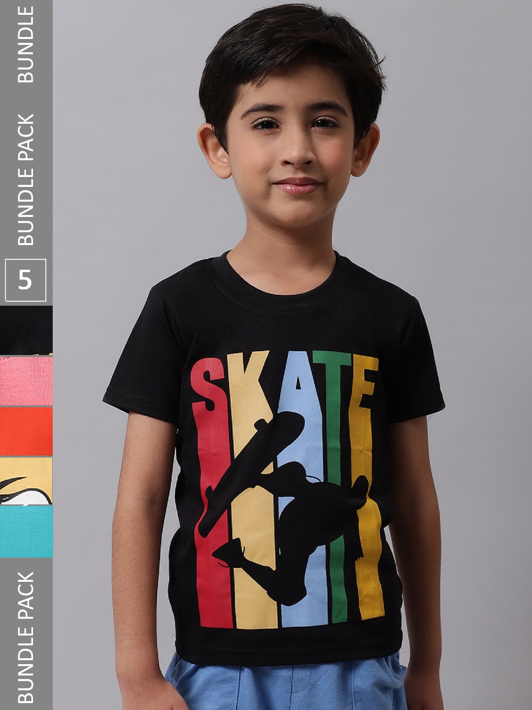

BAESD Boys Pack of 5 Graphic Printed Cotton T-shirts, Black