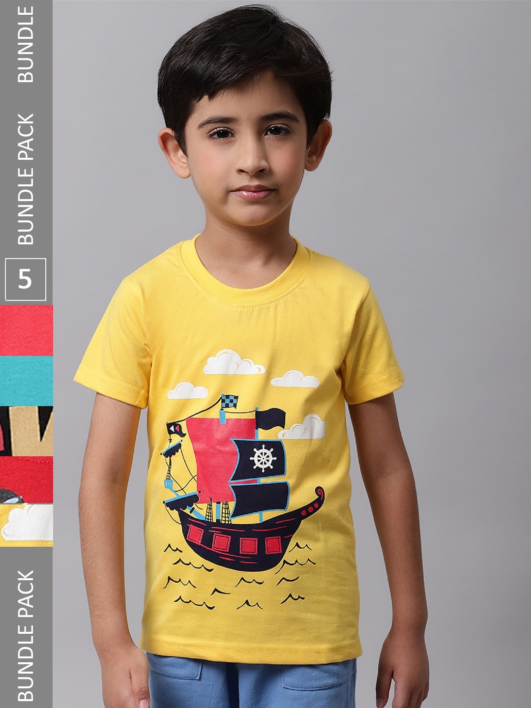 

BAESD Boys Pack Of 5 Printed Cotton T-shirt, Yellow