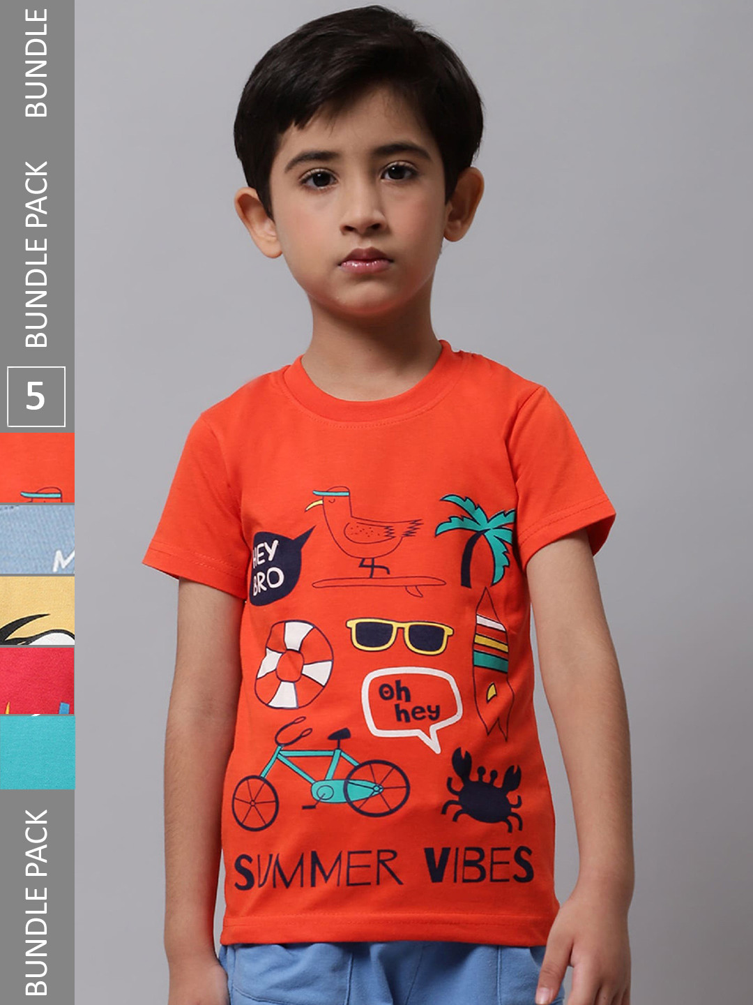 

BAESD Boys Pack Of 5 Graphic Printed Cotton T-shirt, Orange