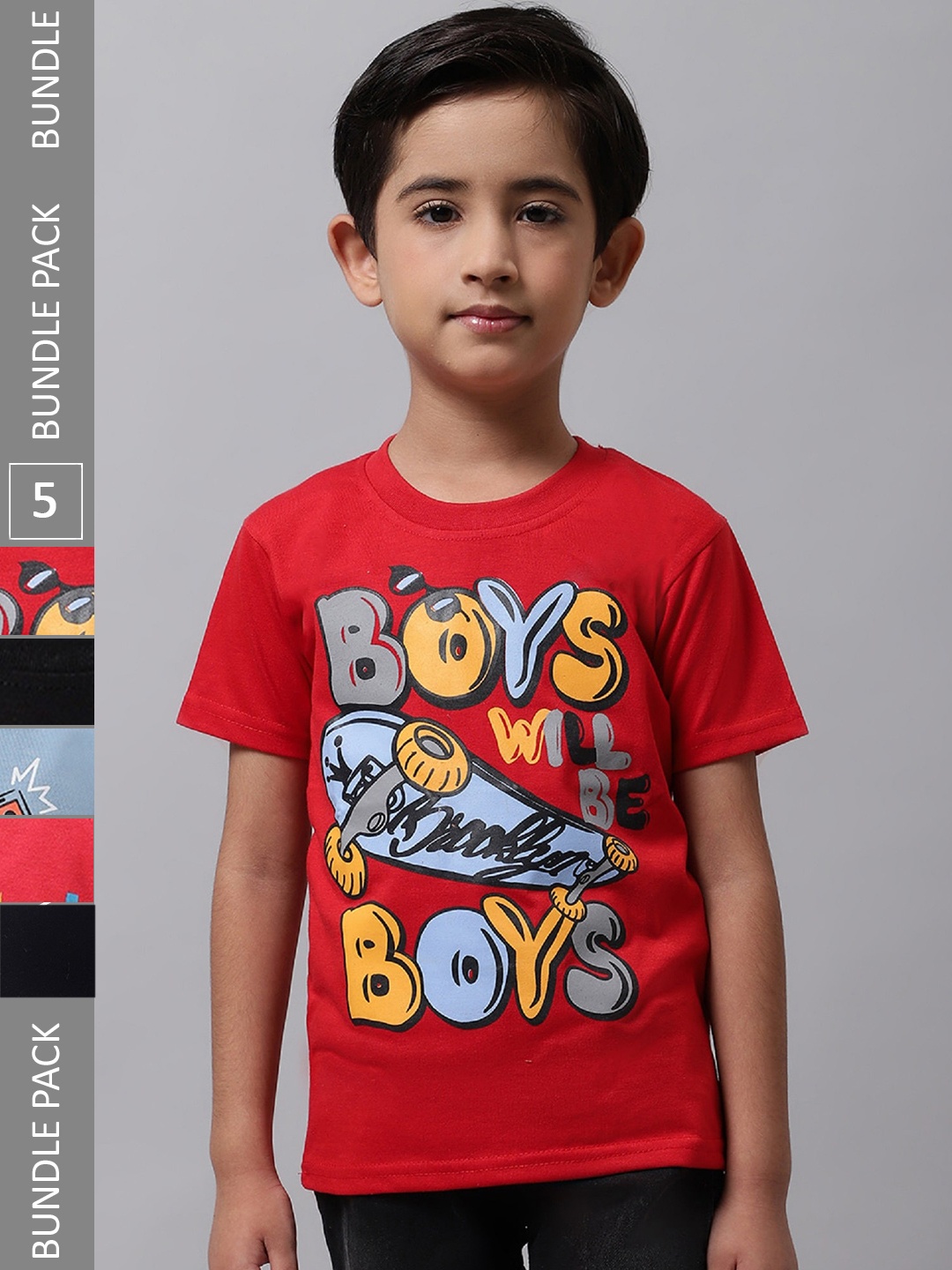 

BAESD Boys Pack Of 5 Printed Cotton T-Shirt, Red