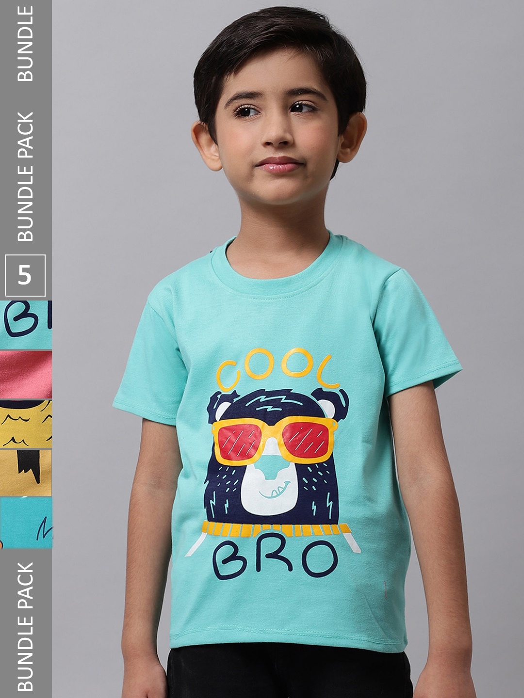 

BAESD Boys Pack Of 5 Printed Round Neck Cotton T-shirts, Sea green