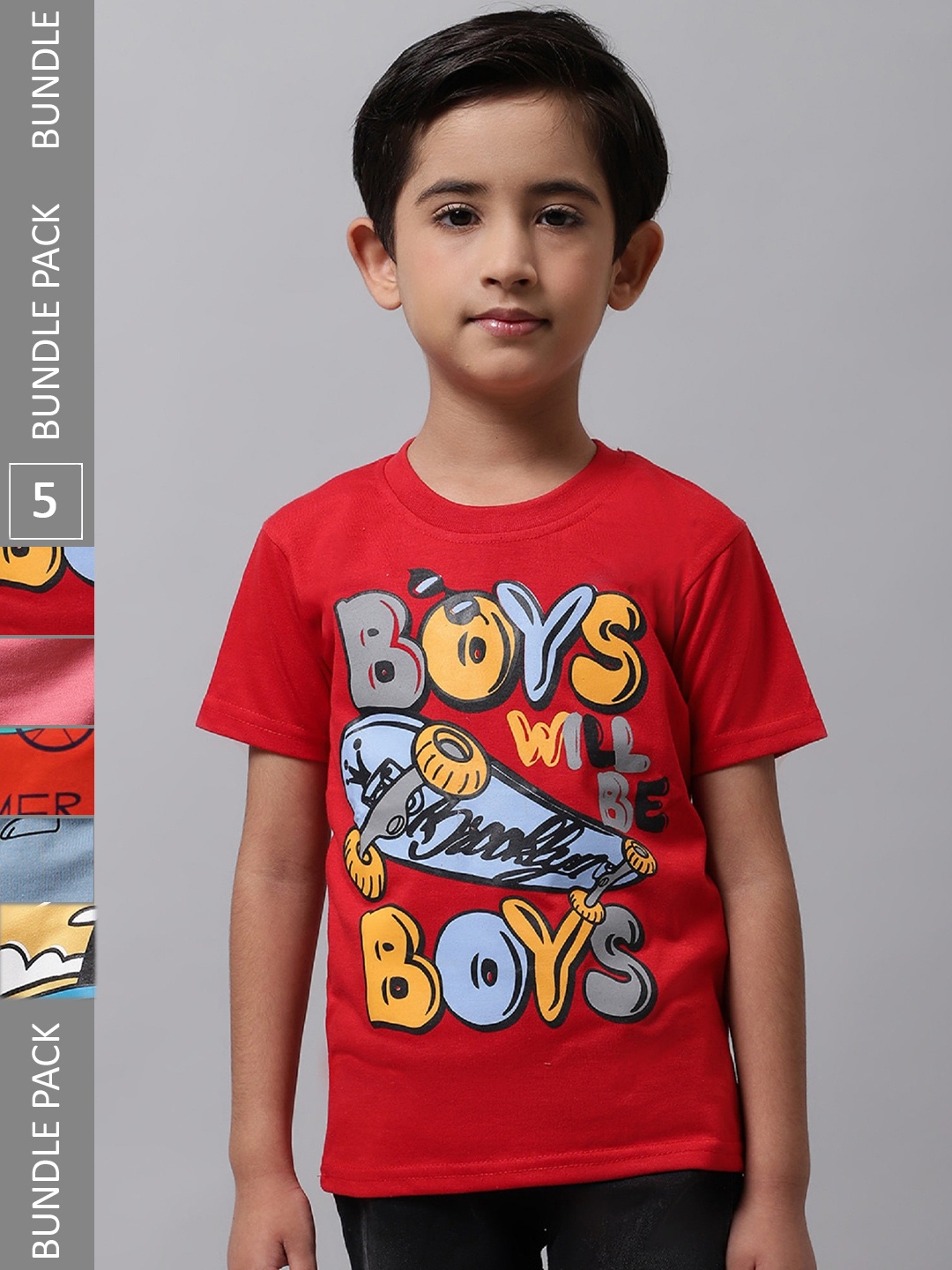

BAESD Boys Pack Of 5 Graphic Printed Cotton T-Shirts, Red