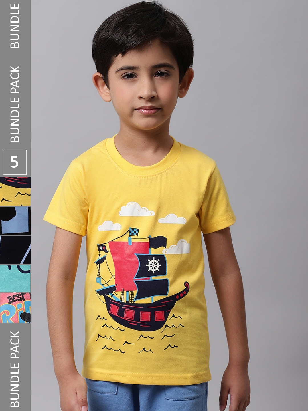 

BAESD Boys Pack Of 5 Graphic Printed Cotton T-shirts, Yellow