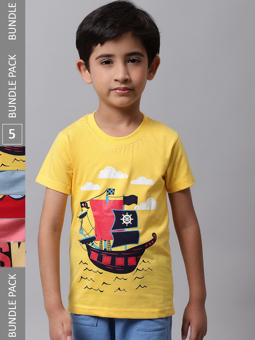 

BAESD Boys Pack Of 5 Graphic Printed Cotton T-Shirts, Yellow