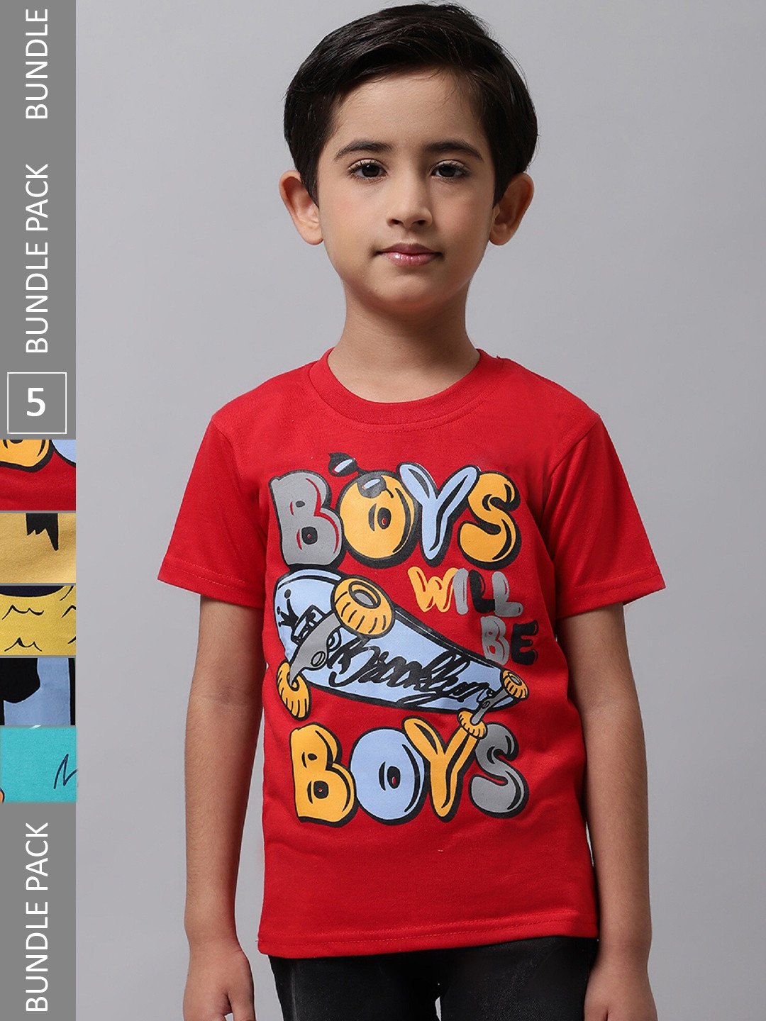 

BAESD Boys Pack Of 5 Graphic Printed Cotton T-shirts, Red