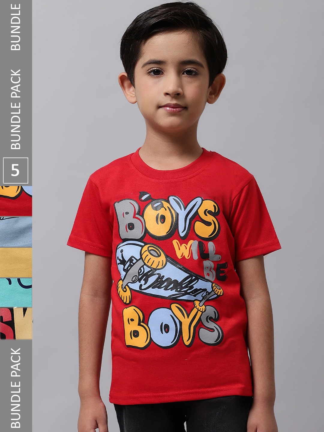 

BAESD Boys Pack Of 5 Graphic Printed Cotton T-shirts, Red