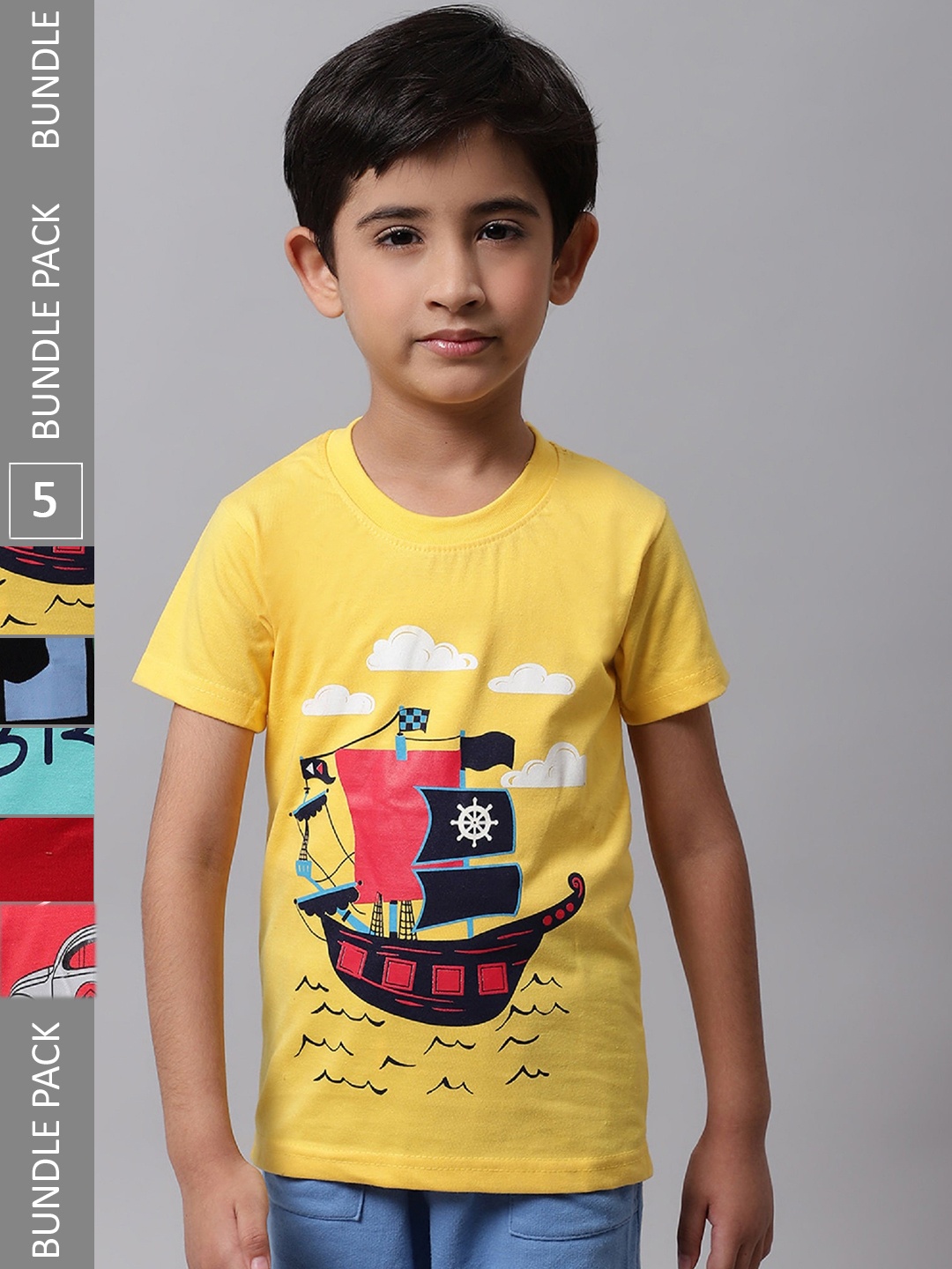 

BAESD Boys Pack Of 5 Conversational Printed Cotton T-shirt, Yellow