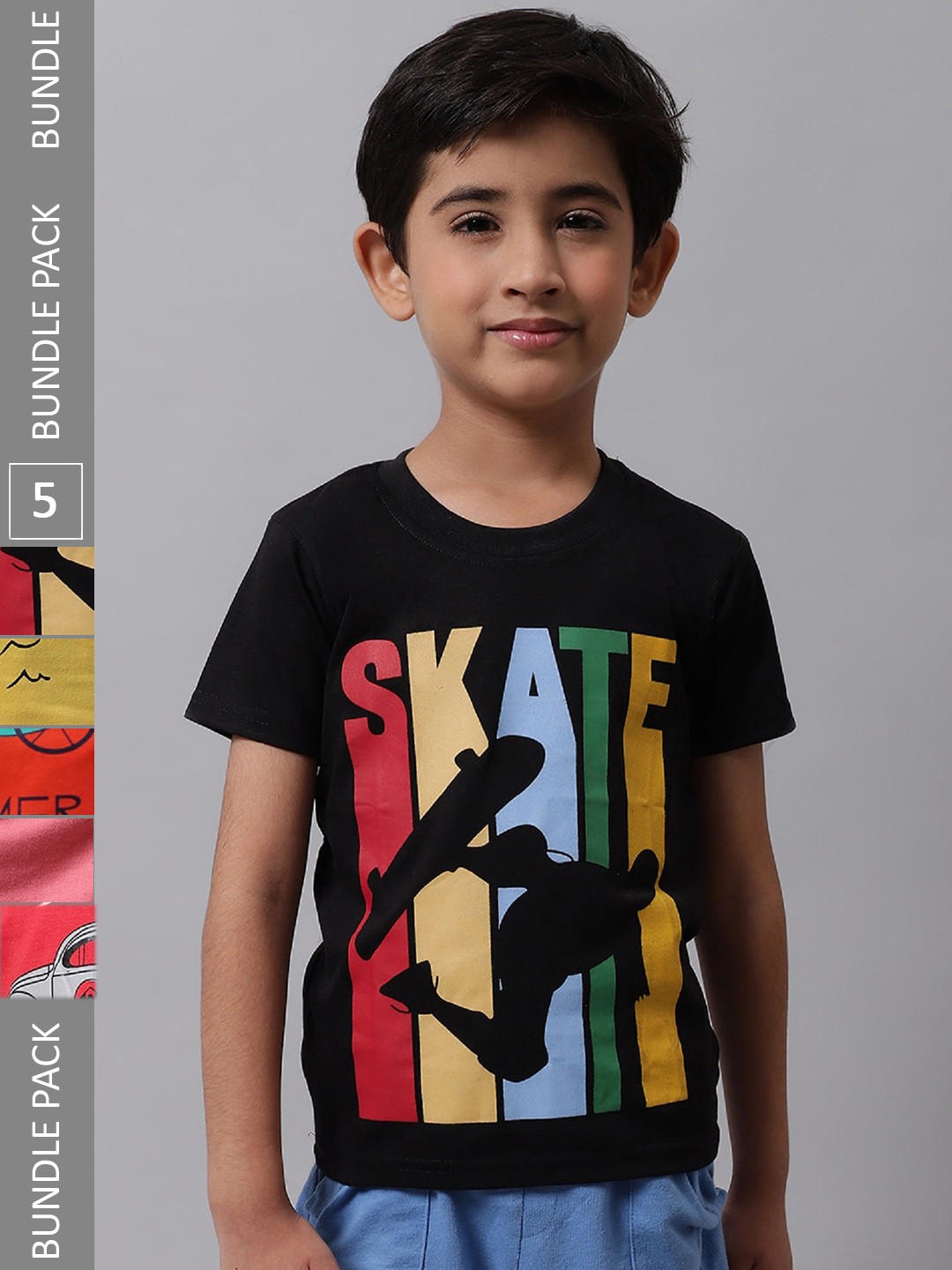 

BAESD Boys Pack of 5 Graphic Printed Cotton T-shirts, Black