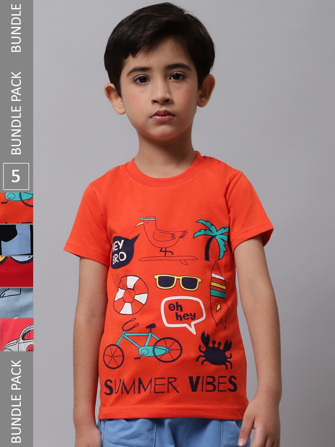 

BAESD Boys Pack Of 5 Printed Cotton T-shirts, Orange