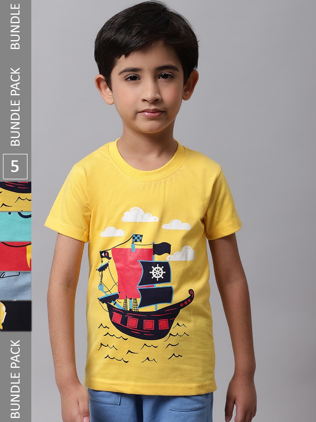 

BAESD Boys Pack Of 5 Printed Cotton T-shirt, Yellow