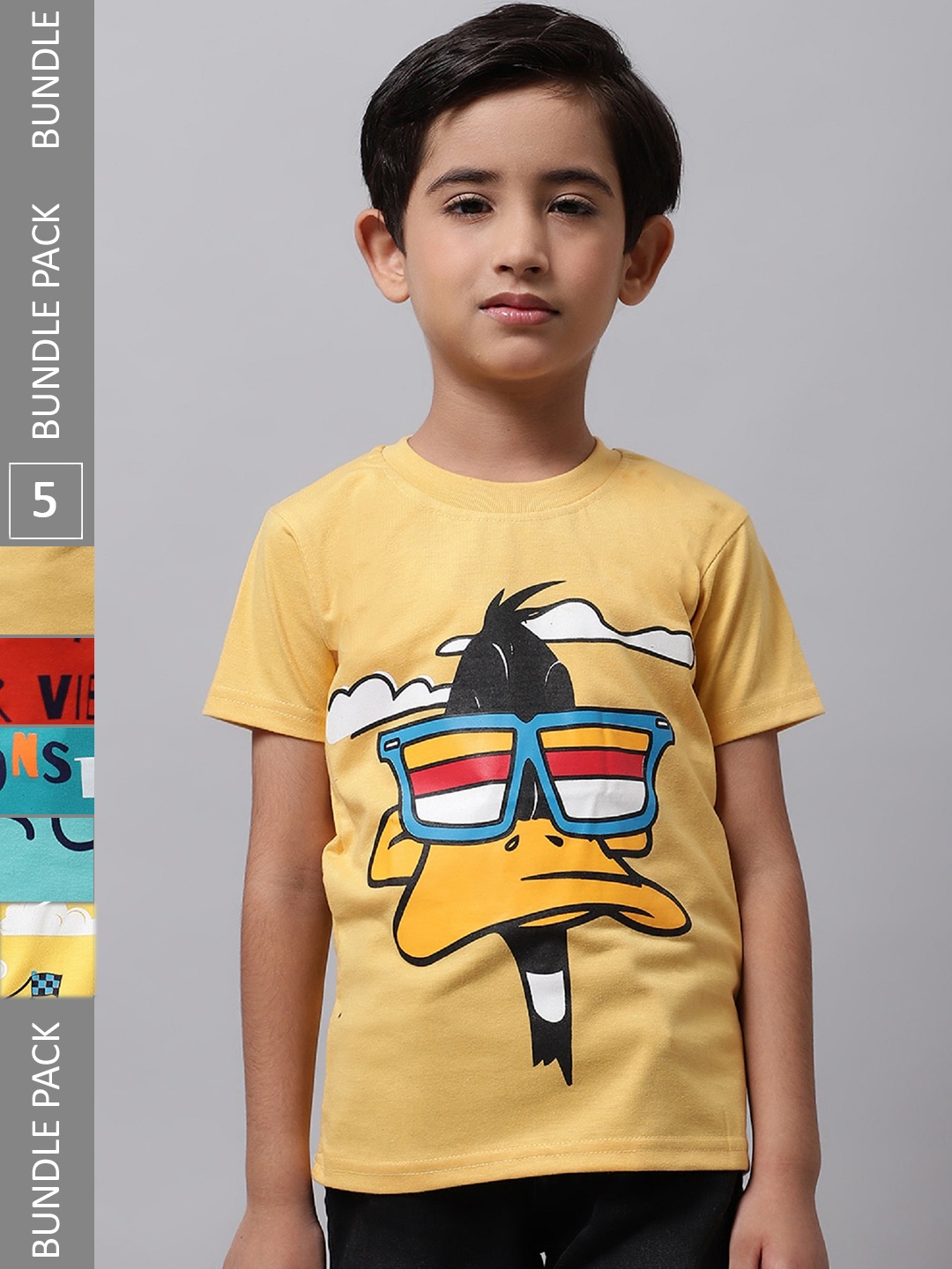 

BAESD Boys Pack Of 5 Graphic Printed Cotton T-Shirts, Yellow