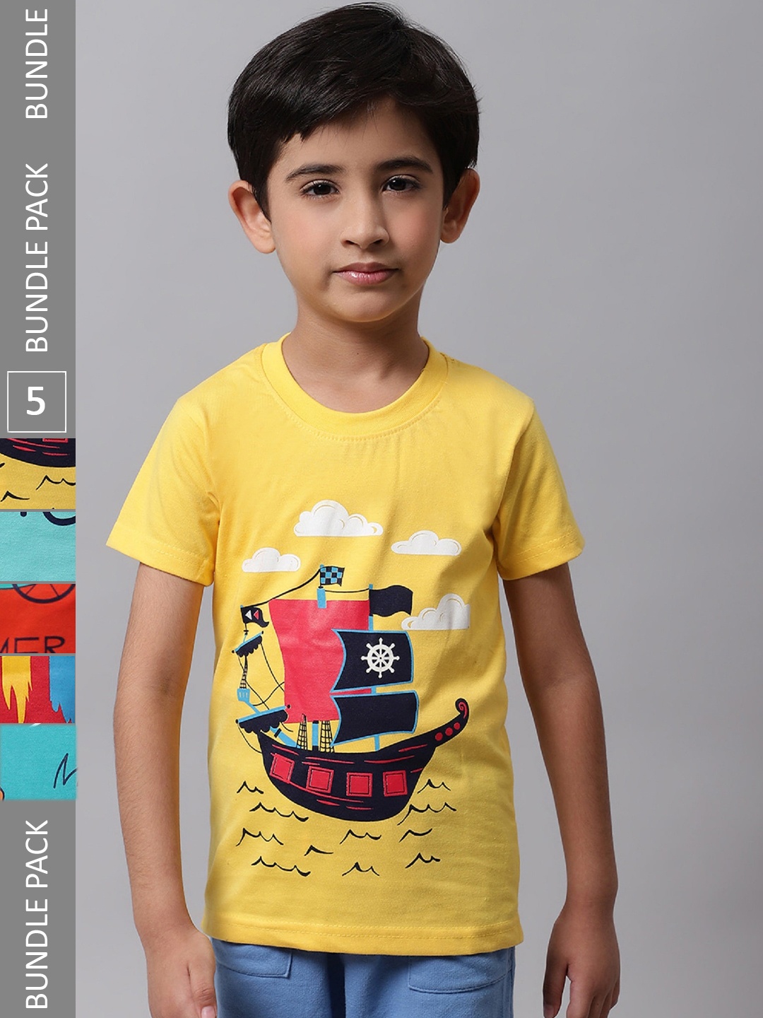 

BAESD Boys Pack Of 5 Graphic Printed Cotton T-shirts, Yellow