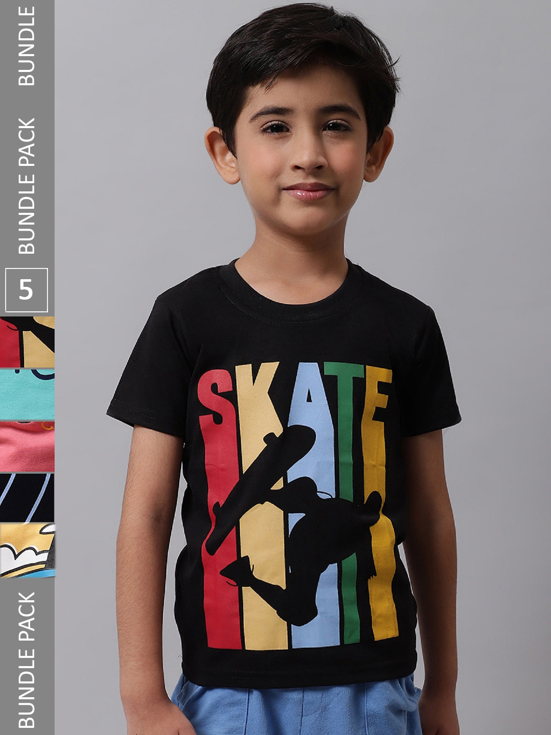 

BAESD Boys Pack Of 5 Graphic Printed Cotton T-shirt, Black