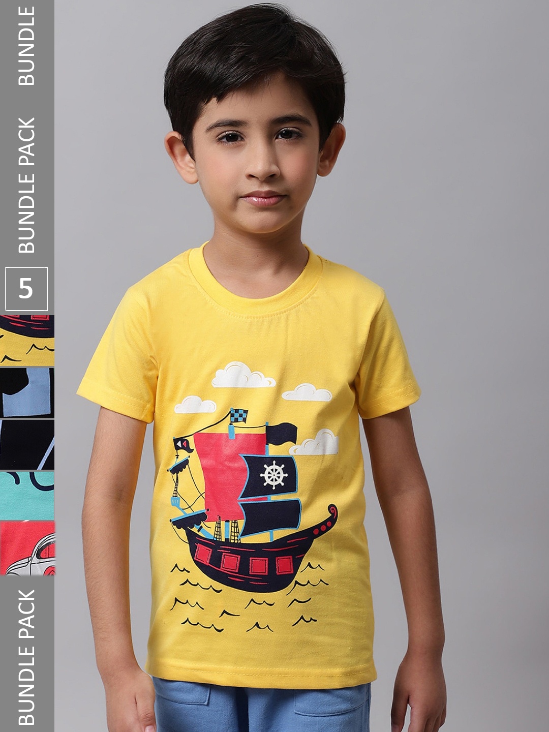 

BAESD Boys Pack Of 5 Printed Cotton T-shirts, Yellow