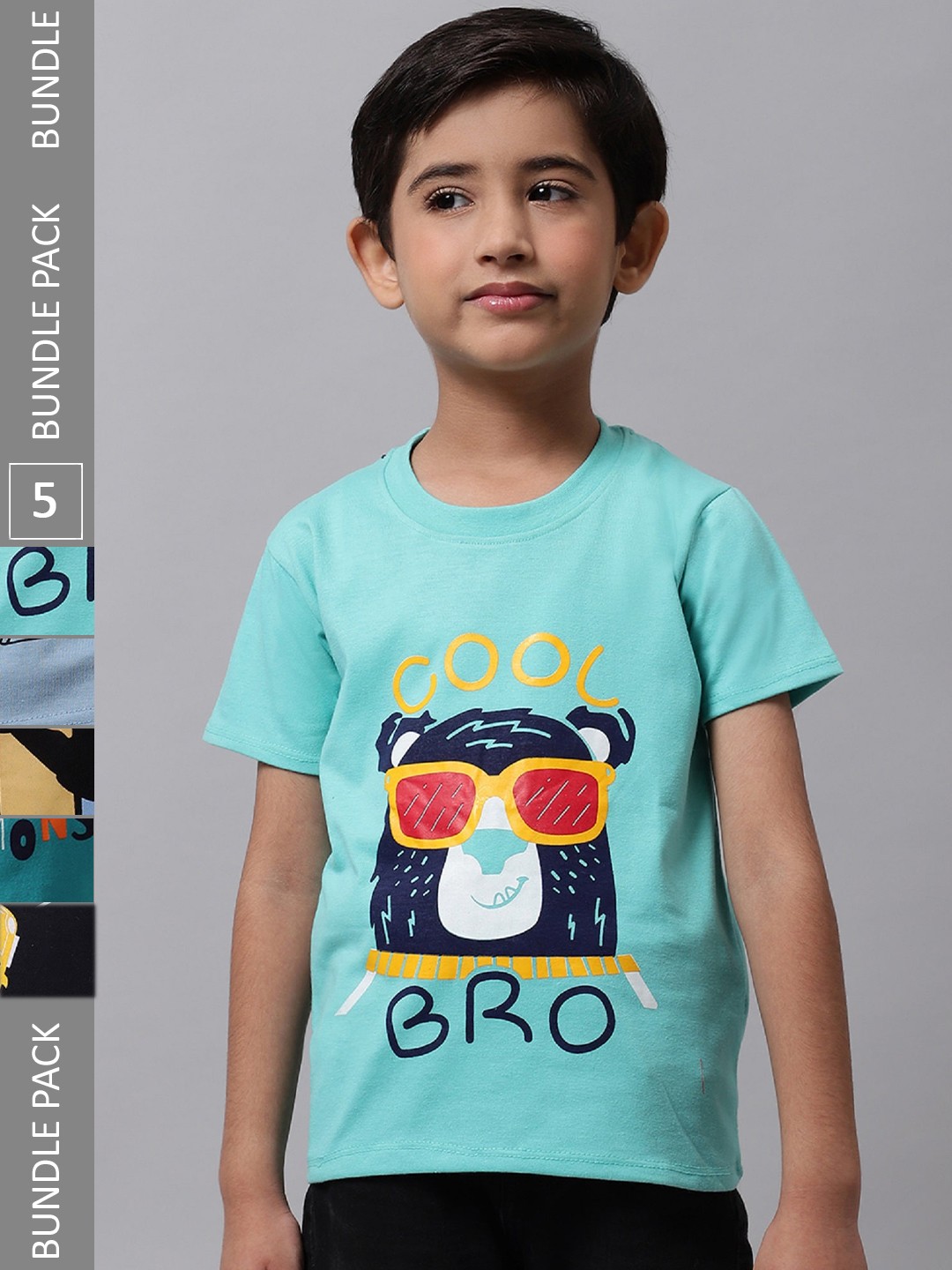 

BAESD Boys Pack Of 5 Graphic Printed Cotton T-shirt, Turquoise blue