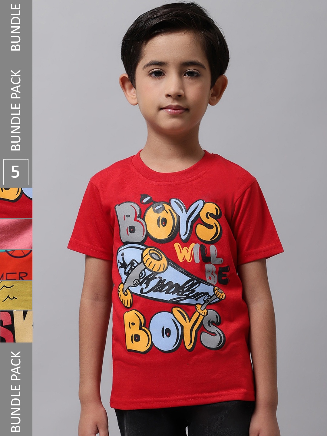 

BAESD Boys Pack Of 5 Printed Pure Cotton T-Shirt, Red