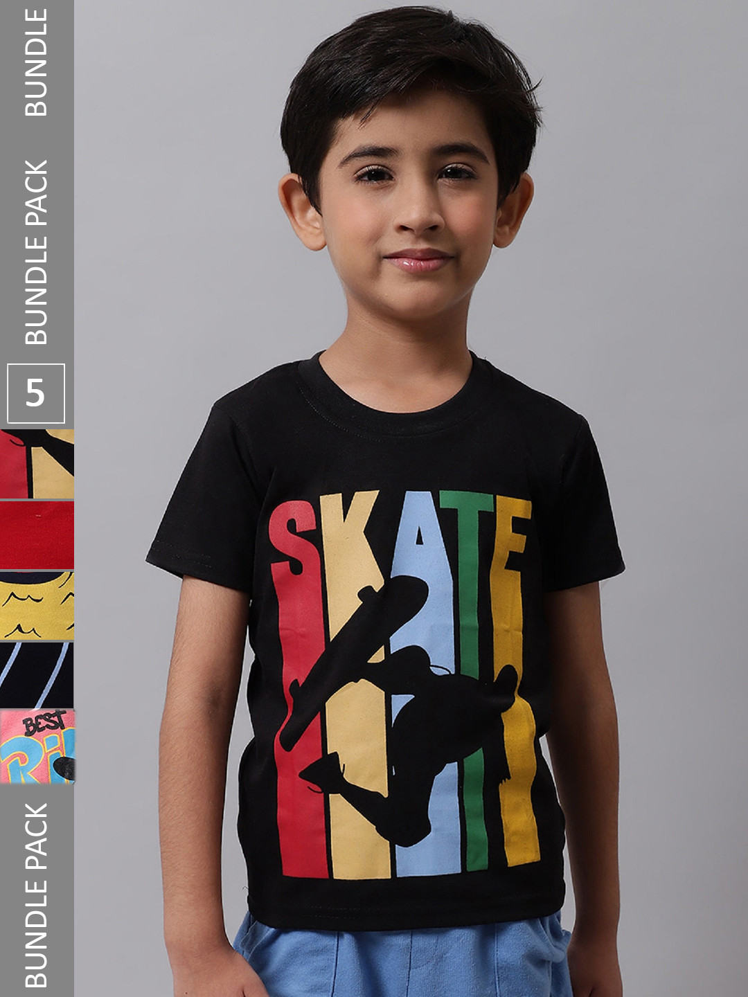 

BAESD Boys Pack Of 5 Printed Cotton T-shirt, Black