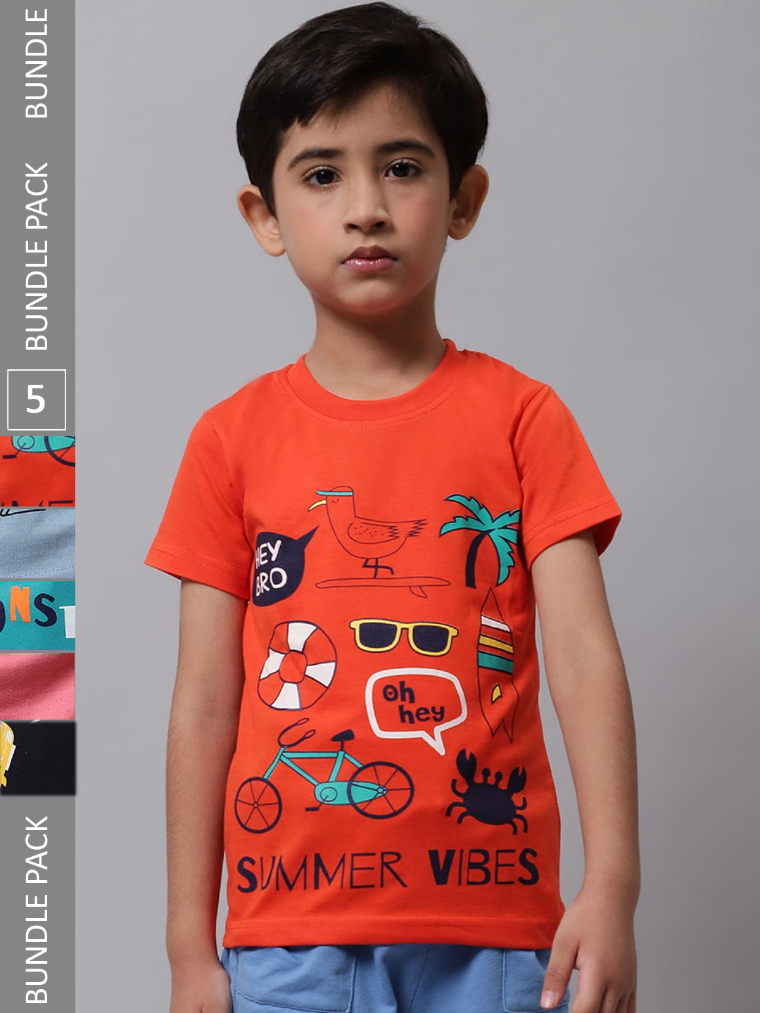 

BAESD Boys Pack Of 5 Printed Round Neck Cotton T-shirts, Orange