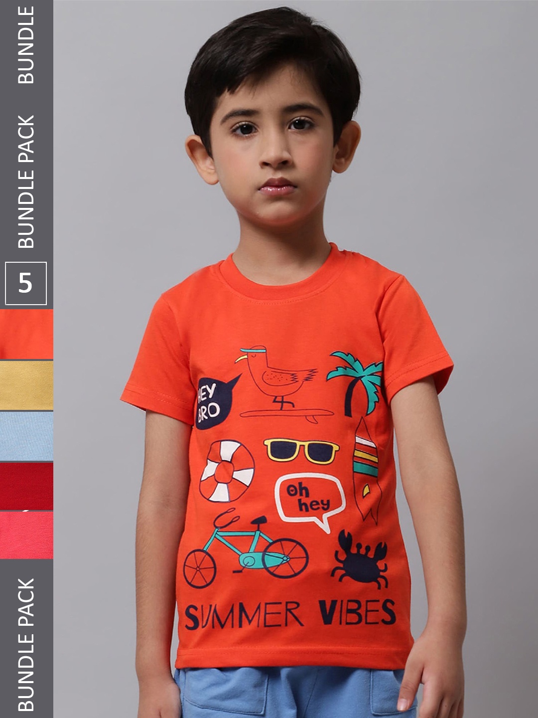

BAESD Boys Pack Of 5 Graphic Printed Round Neck Cotton T-shirt, Orange