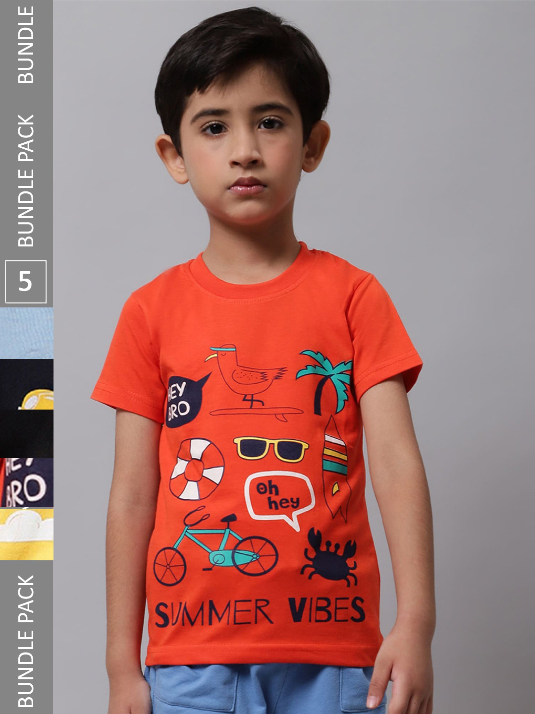 

BAESD Boys Pack Of 5 Graphic Printed Cotton T-Shirt, Orange