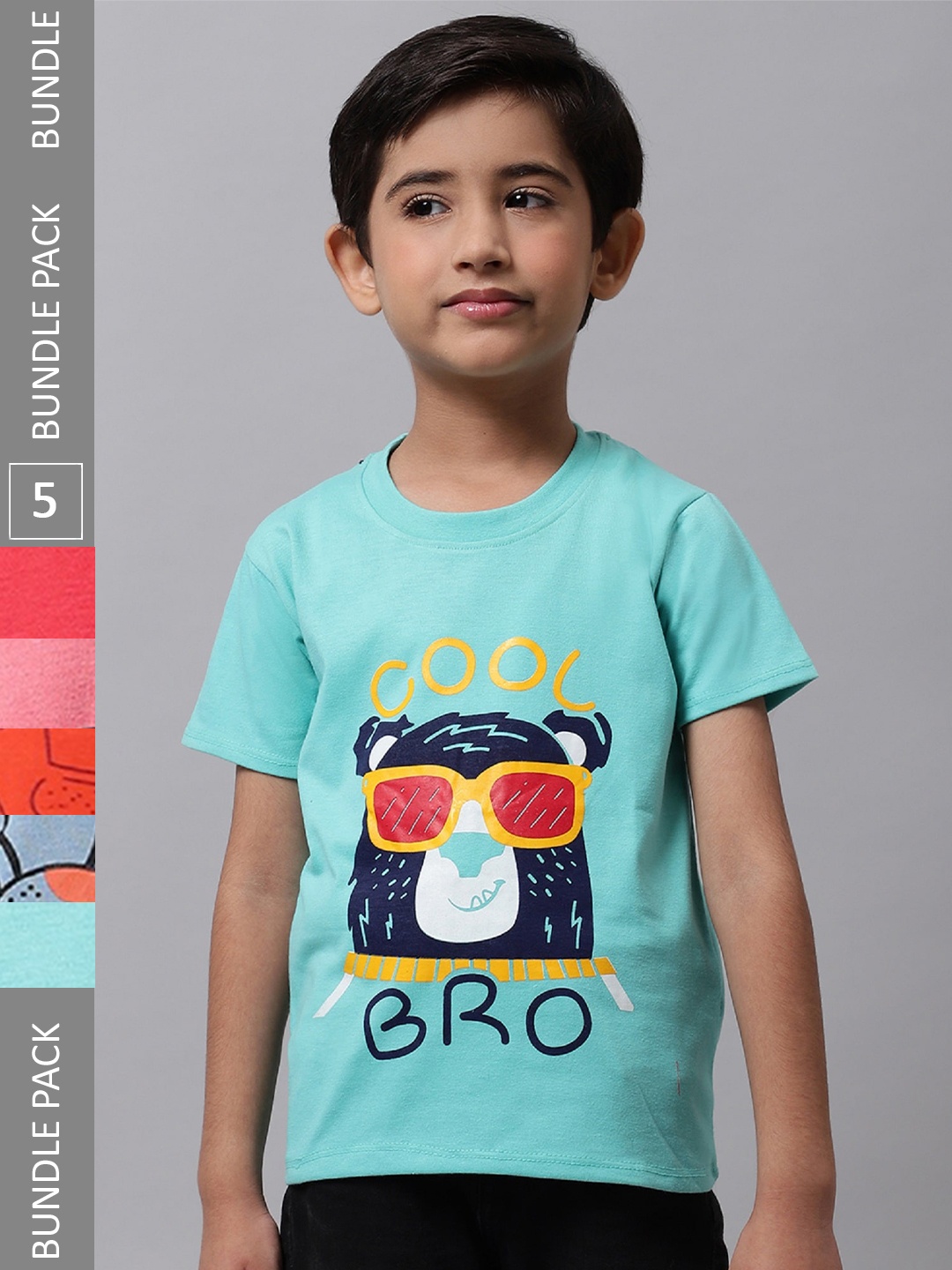 

BAESD Boys Pack Of 5 Graphic Printed Cotton T-Shirt, Turquoise blue