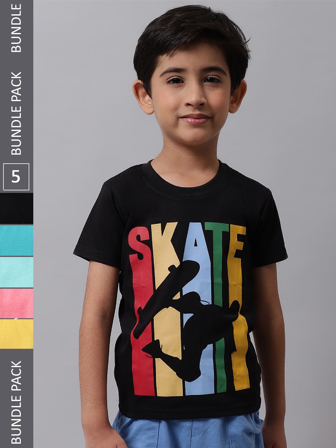 

BAESD Boys Pack of 5 Graphic Printed Cotton T-shirts, Black