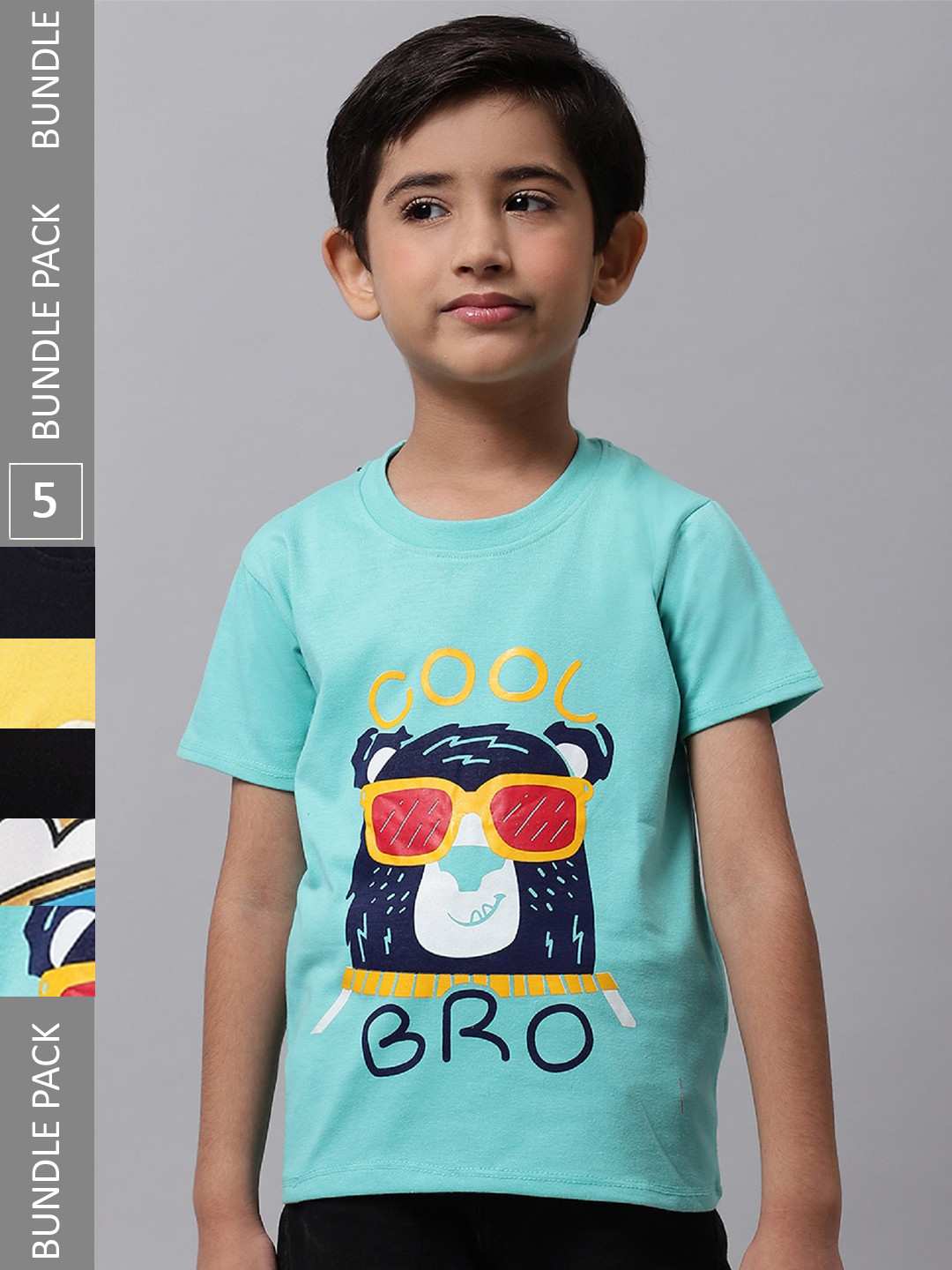

BAESD Pack Of 5 Boys Graphic Printed Round Neck Cotton T-Shirt, Turquoise blue