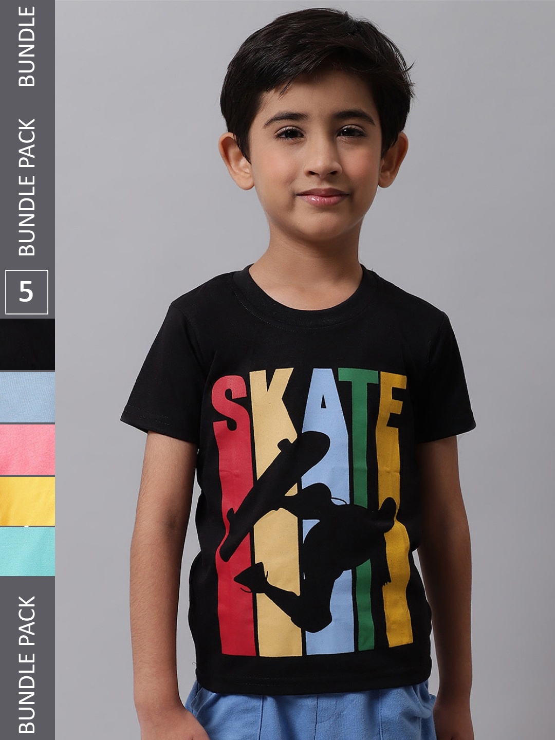 

BAESD Boys Pack Of 5 Printed Round Neck Cotton T-shirts, Black
