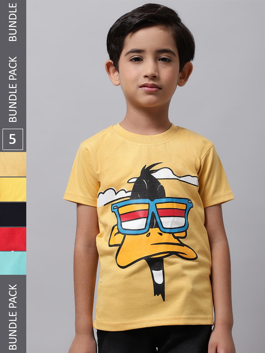 

BAESD Boys Pack Of 5 Graphic Printed Regular Fit Cotton Tshirt, Yellow