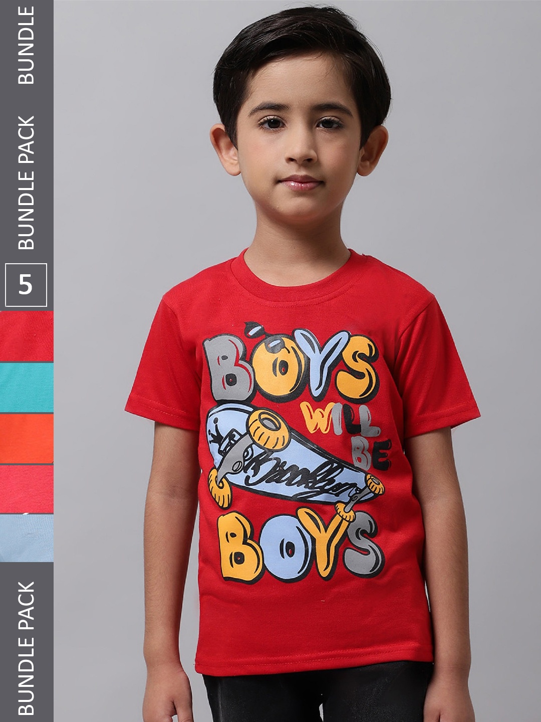 

BAESD Boys Pack Of 5 Graphic Printed Regular Fit Cotton Tshirt, Red