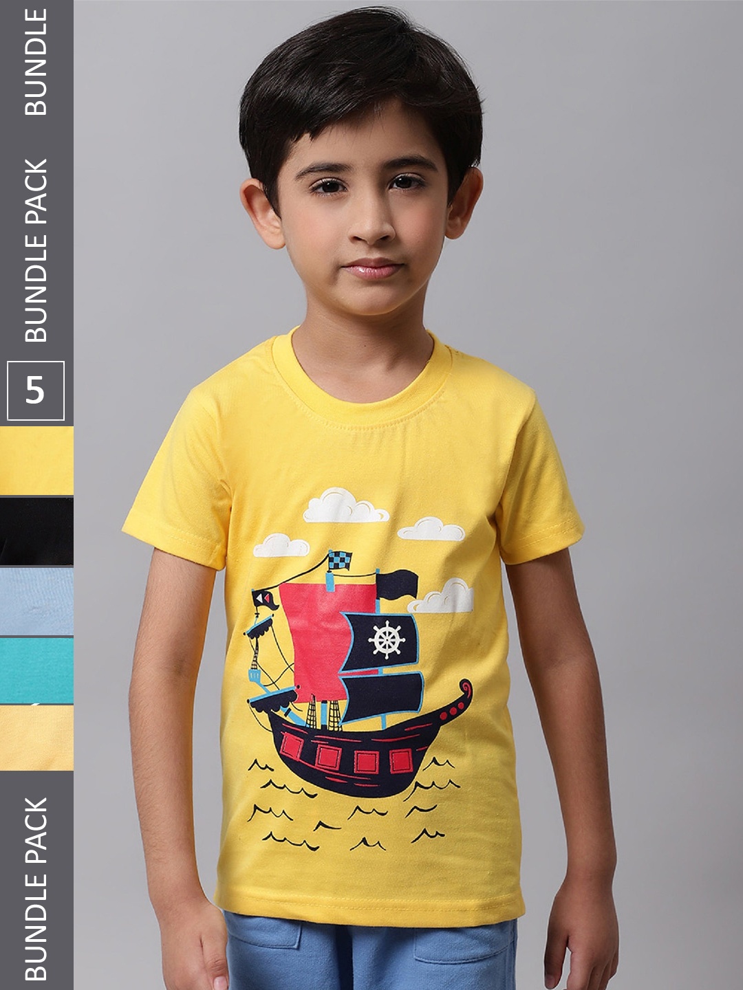 

BAESD Boys Pack Of 5 Graphic Printed Cotton T-shirt, Yellow