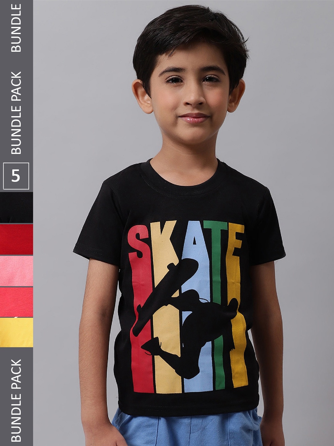

BAESD Boys Pack Of 5 Graphic Printed Cotton T-shirts, Black