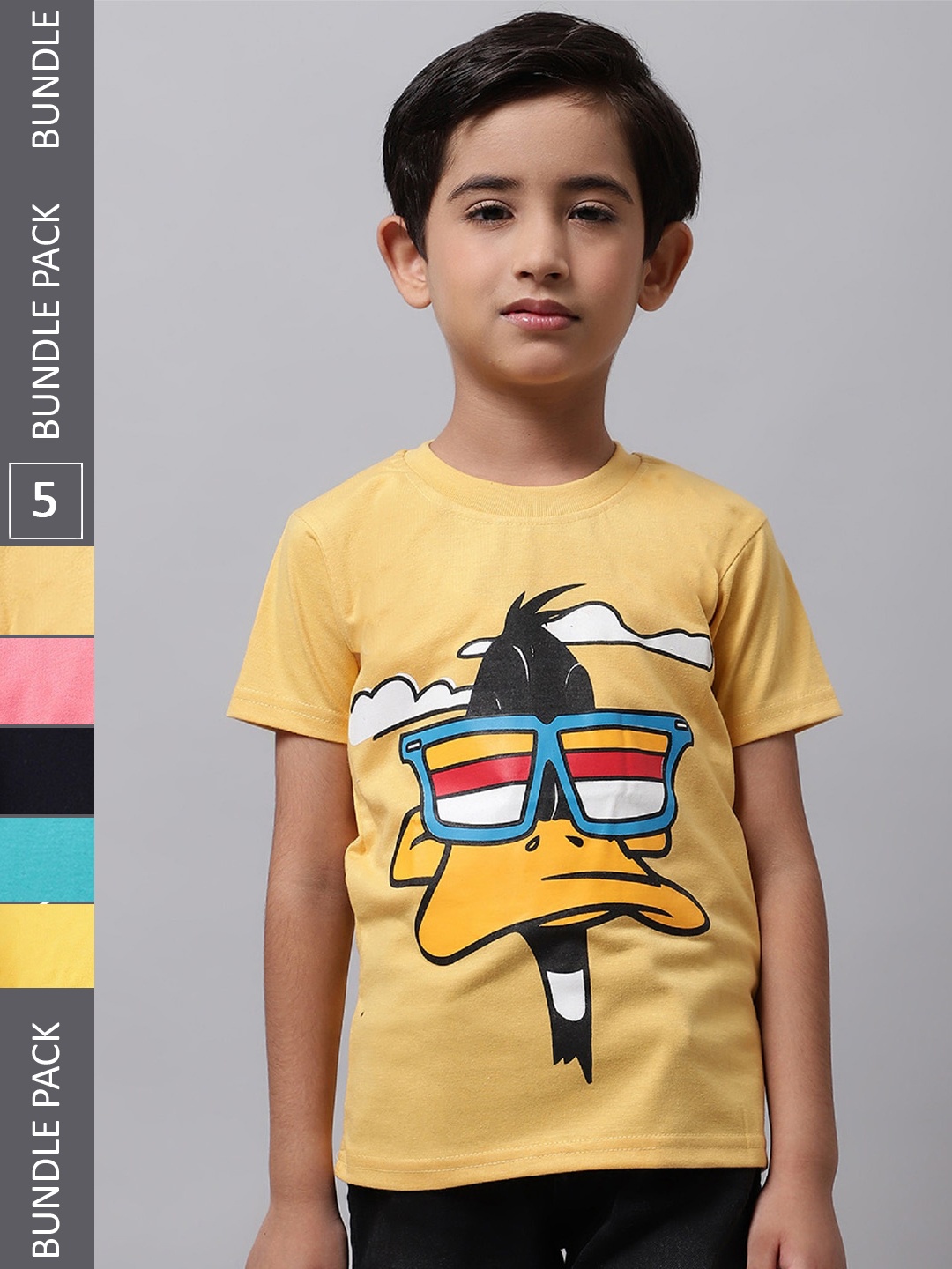 

BAESD Boys Pack Of 5 Printed Round Neck CottonT-shirts, Yellow