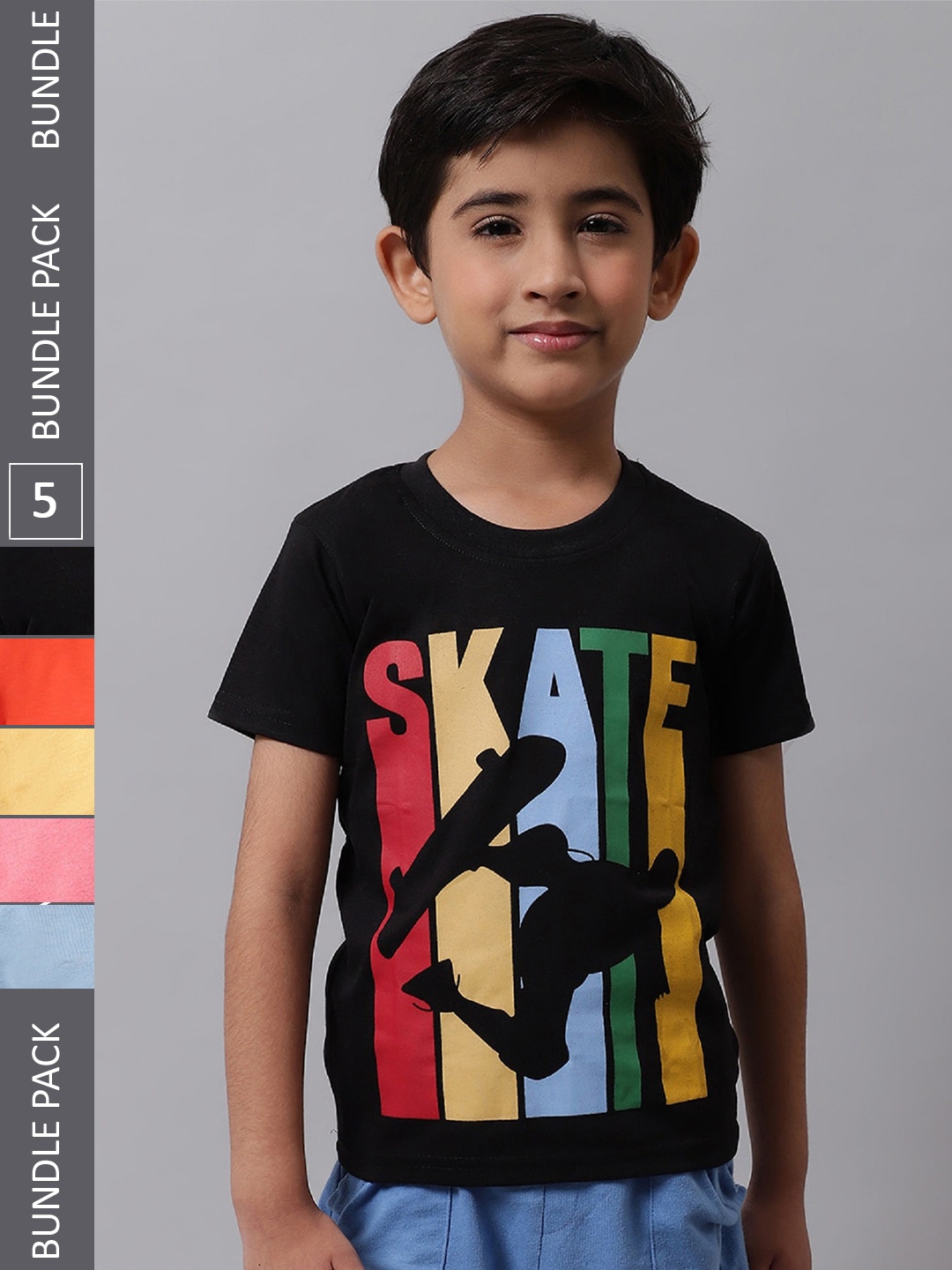 

BAESD Boys Pack Of 5 Typography Printed Cotton T-shirt, Black