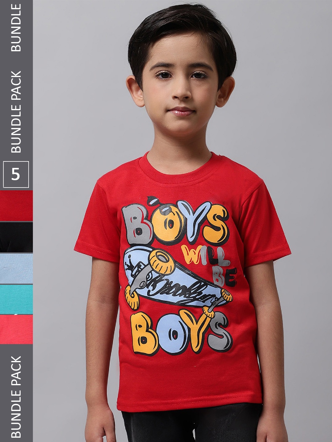 

BAESD Boys Pack Of 5 Graphic Printed Cotton T-shirts, Red