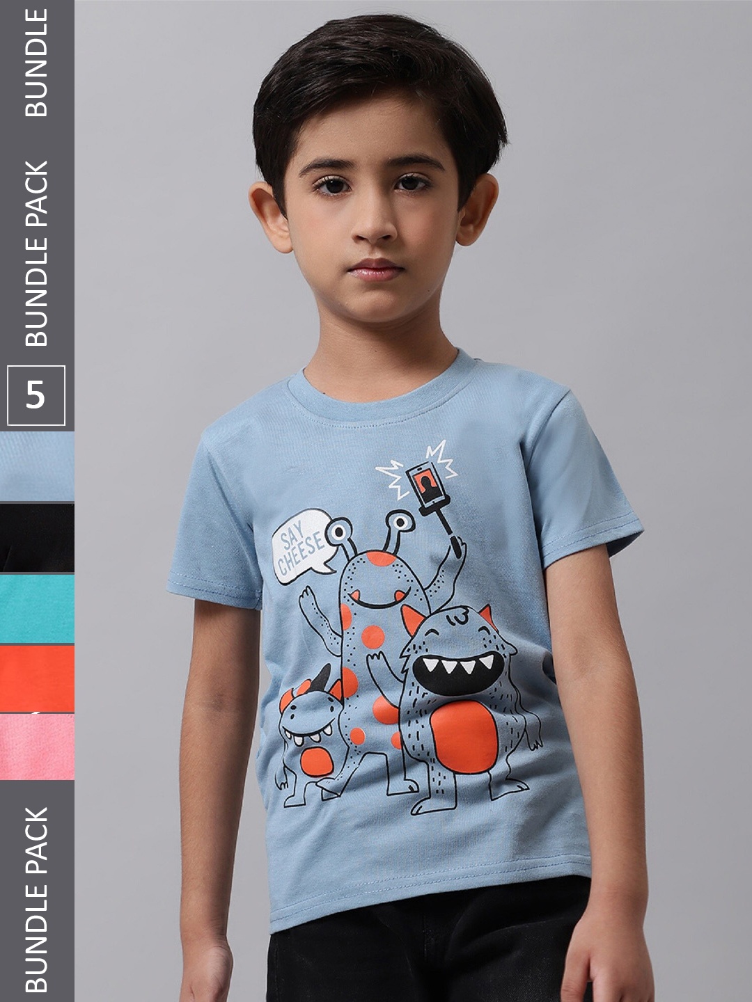 

BAESD Boys Pack Of 5 Graphic Printed Cotton T-Shirt, Blue