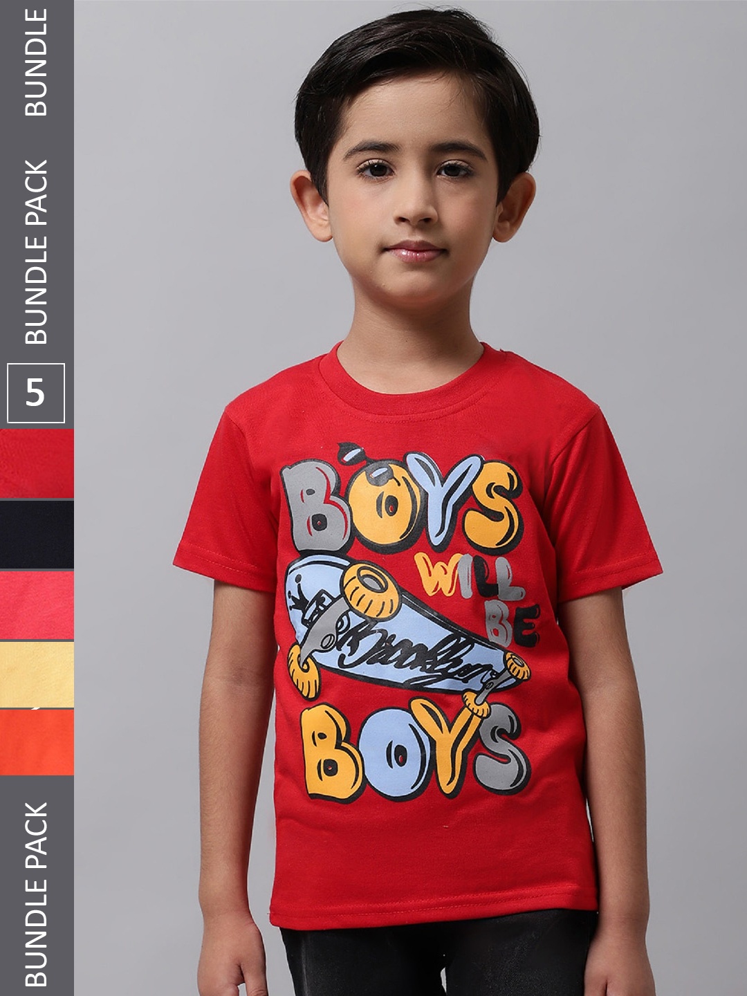 

BAESD Boys Pack Of 5 Typography Printed Cotton T-shirt, Red