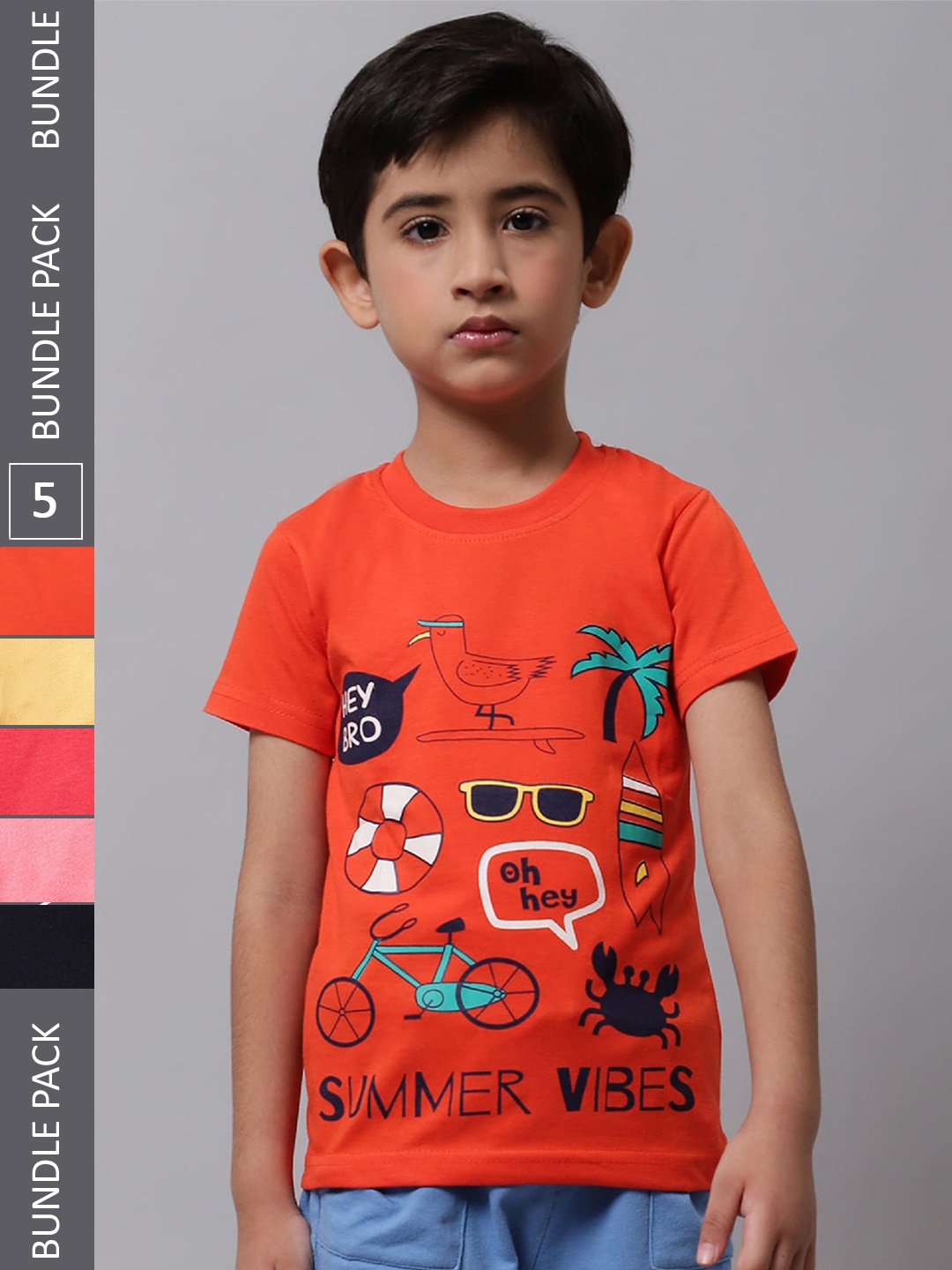 

BAESD Boys Pack Of 5 Graphic Printed Cotton T-Shirts, Orange