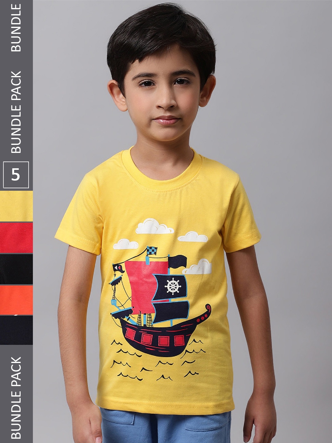 

BAESD Boys Pack Of 5 Graphic Printed Cotton T-Shirt, Yellow