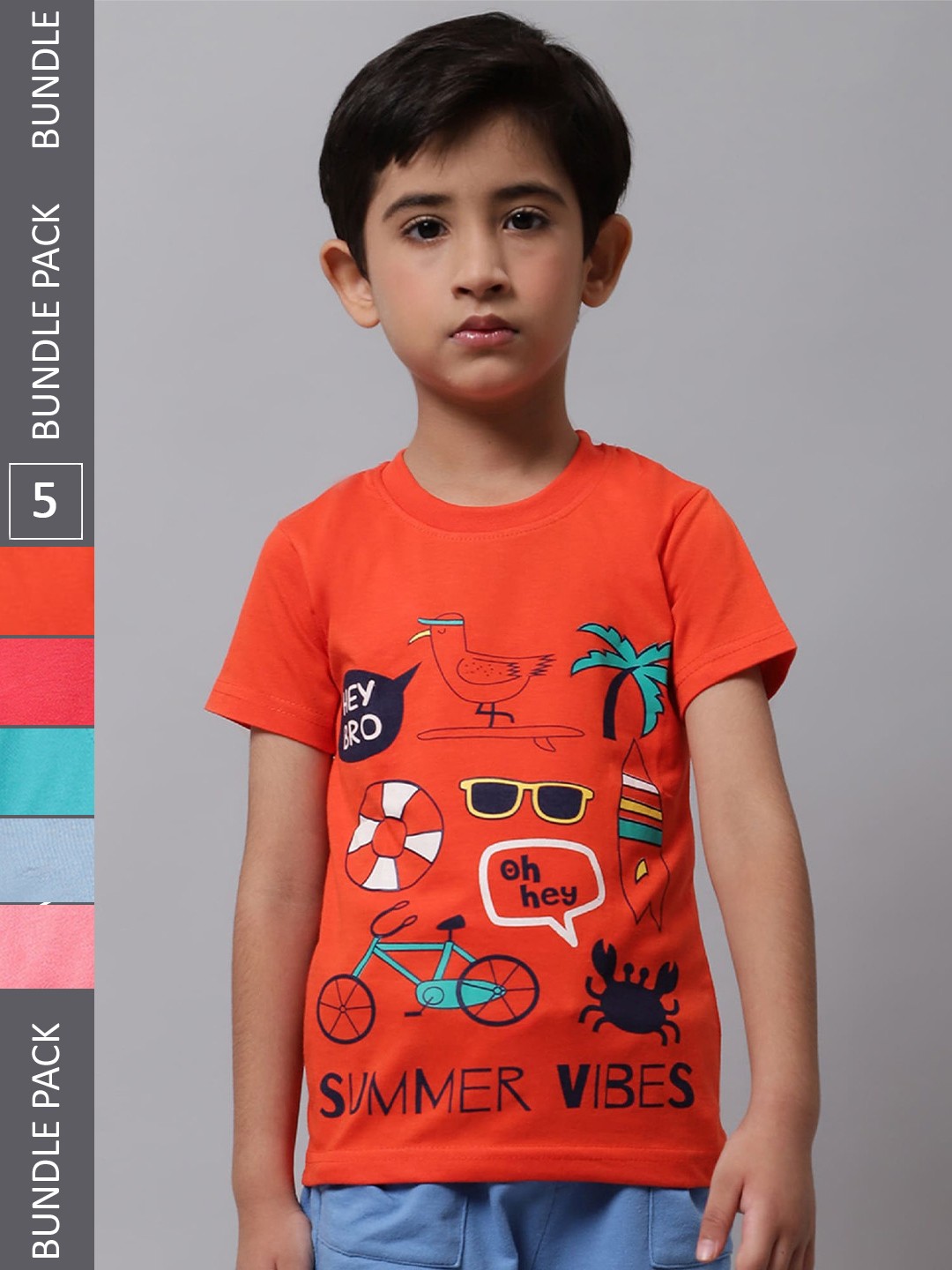 

BAESD Boys Pack Of 5 Graphic Printed Cotton T-shirts, Orange