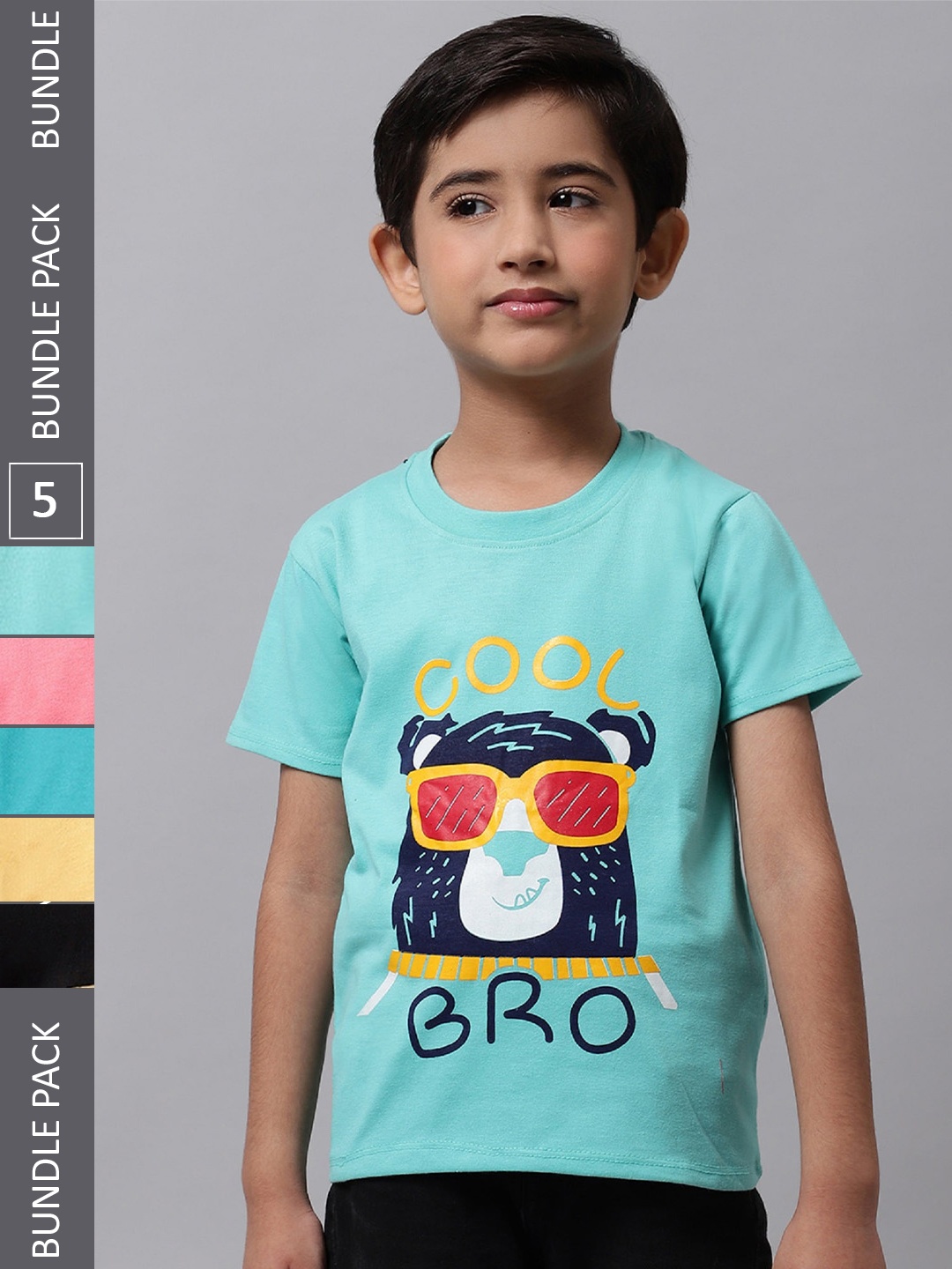 

BAESD Boys Pack Of 5 Graphic Printed Cotton T-shirts, Turquoise blue