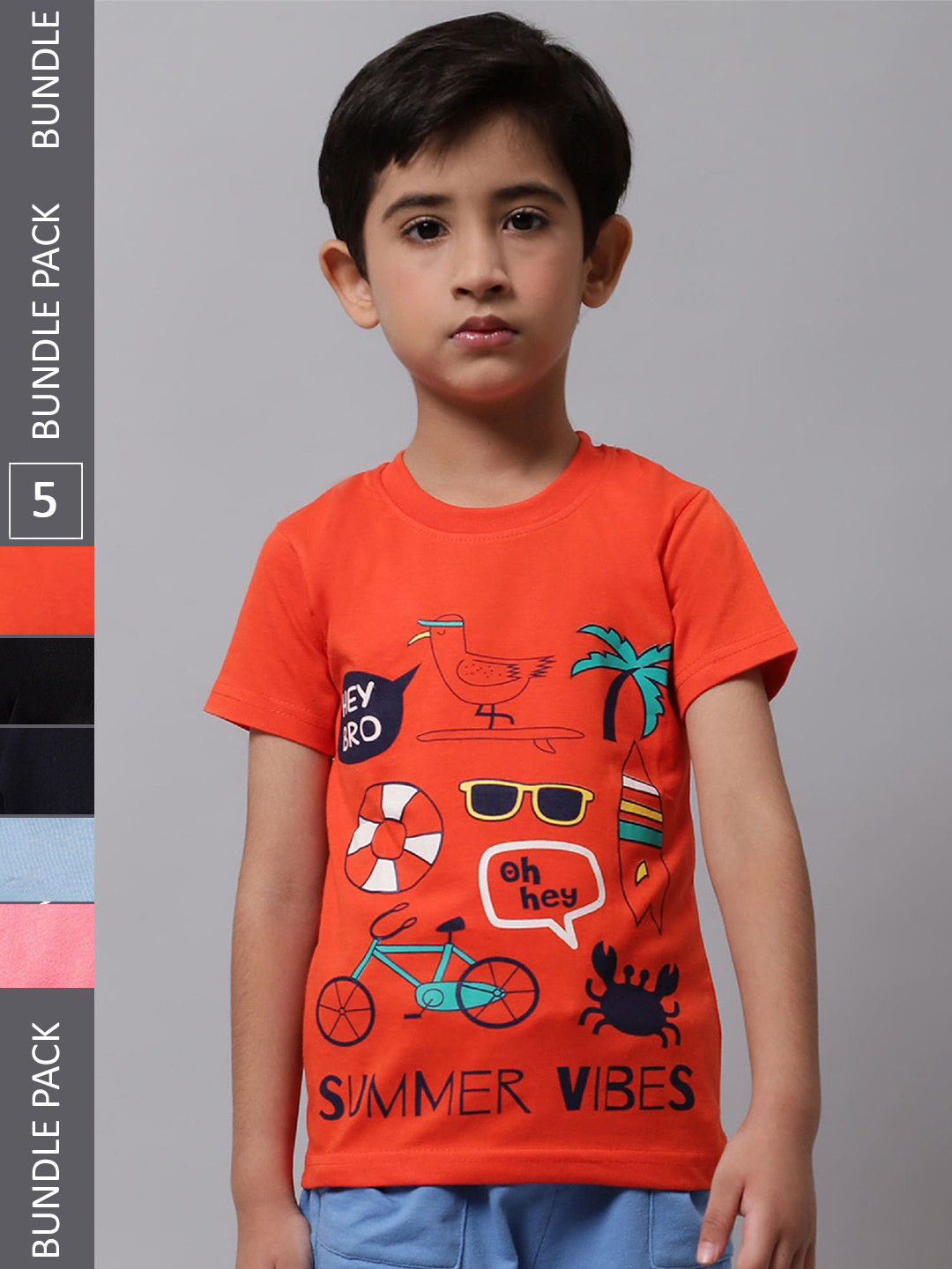 

BAESD Boys Pack Of 5 Typography Printed Cotton T-shirt, Orange