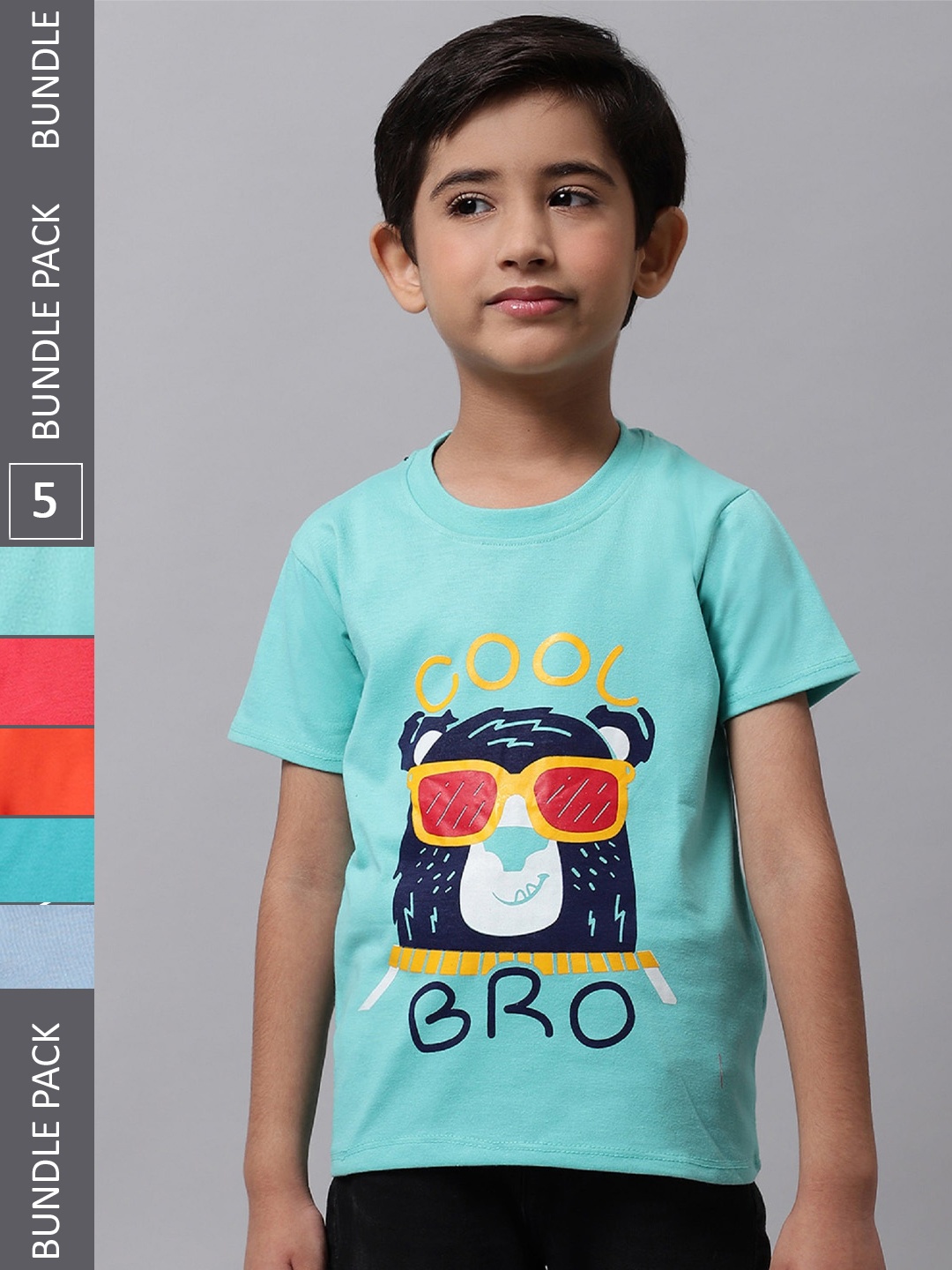 

BAESD Boys Pack Of 5 Printed Cotton T-shirt, Turquoise blue