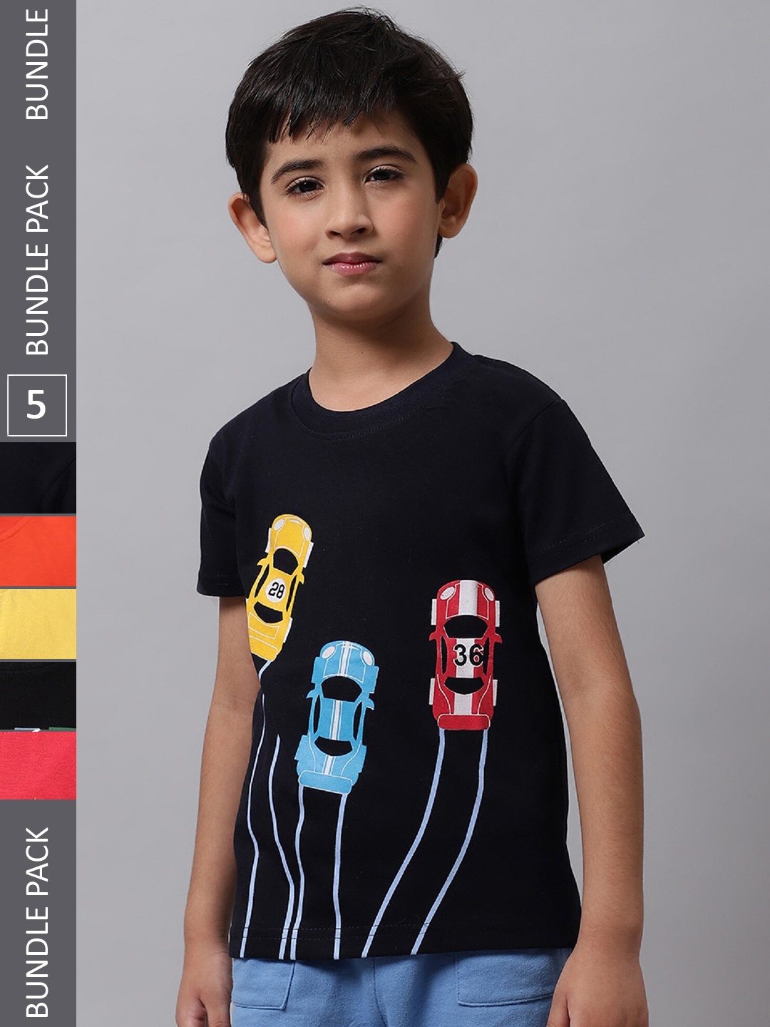 

BAESD Boys Pack Of 5 Graphic Printed Regular Fit Cotton Tshirt, Black