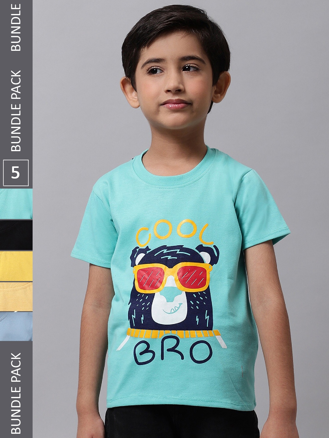 

BAESD Boys Pack Of 5 Printed Cotton T-shirt, Turquoise blue