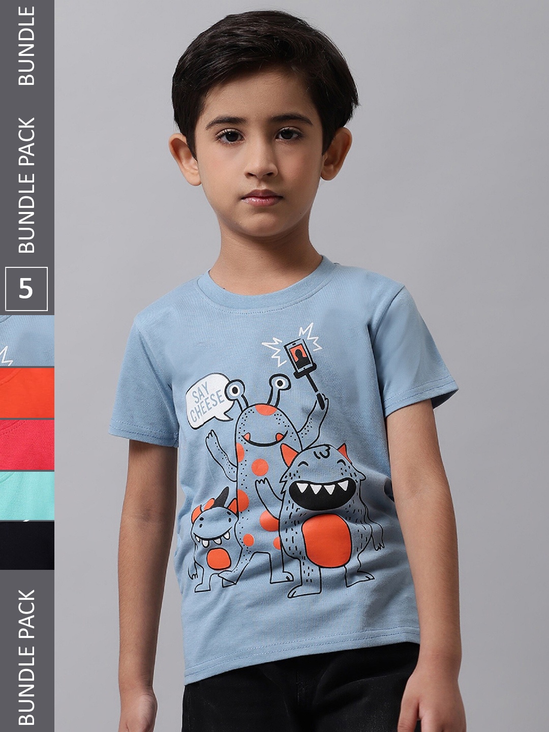 BAESD Boys Pack Of 5 Graphic Printed Cotton T-Shirts, Blue