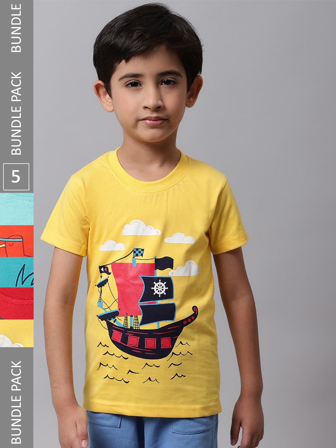 

BAESD Boys Pack Of 5 Printed Cotton T-shirt, Yellow